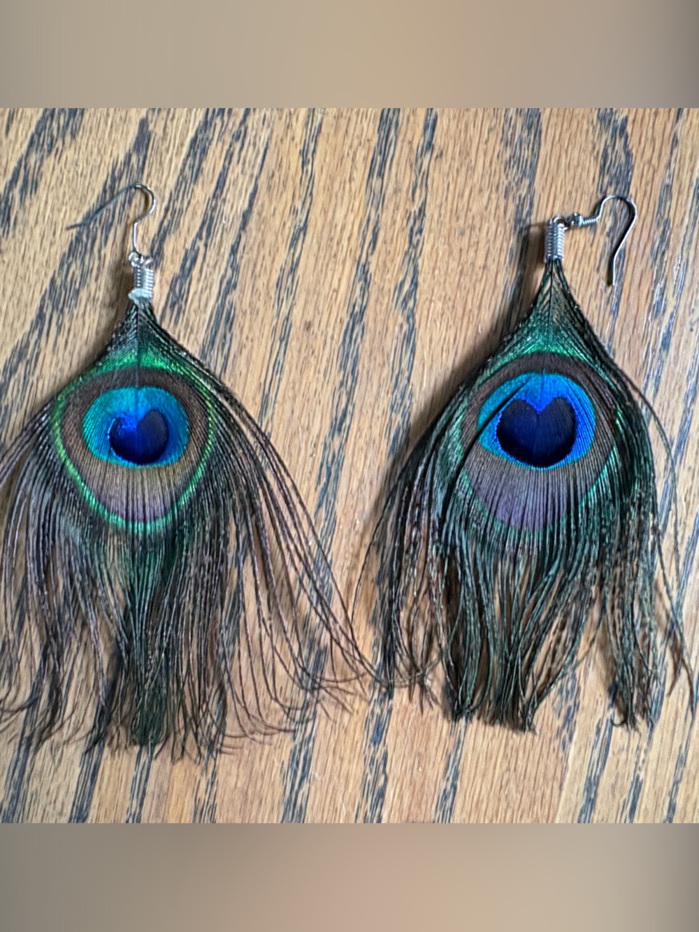 Peacock Feather Drop Earrings - Green & Blue